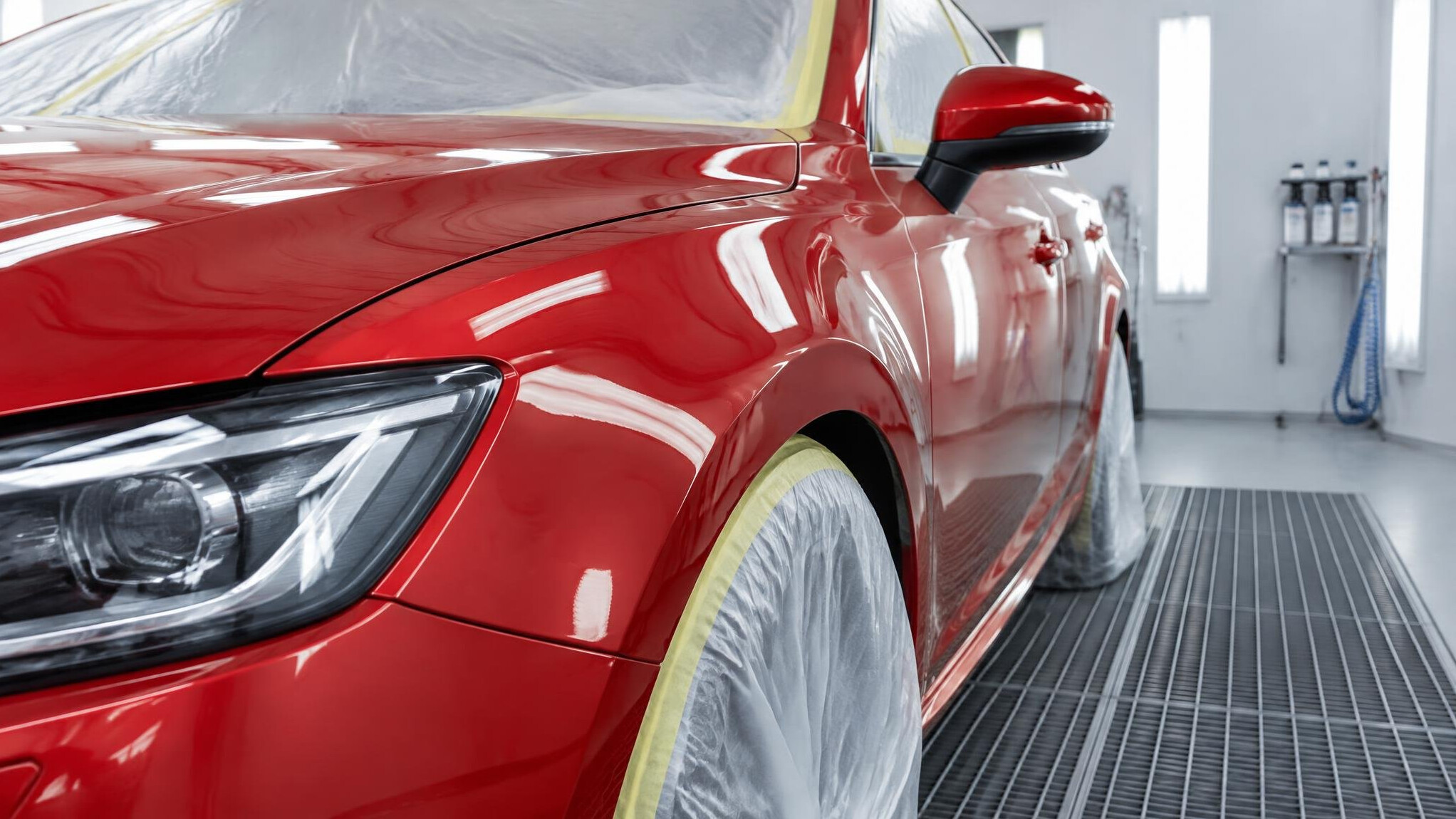 Car with a fresh paint touch-up in a paint booth
